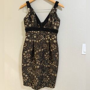 Carmen Marc Valvo Beaded Metallic Leopard Sheath Dress - Size 4